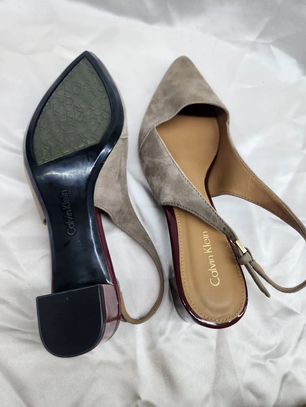 Calvin Klein Taupe Suede Pointed Slingback Kitten Heel